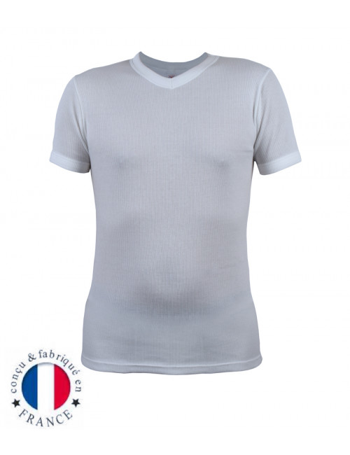 Tee-shirt fine côte coton col V Blanc