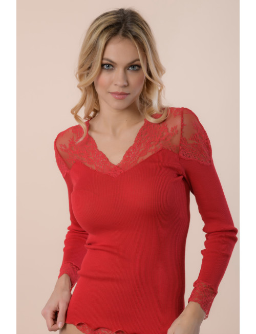 Top manches longues en laine & soie - ROUGE