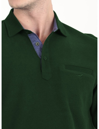 Pull velours homme kaki - Polo en velours pour homme - Polo vert - Polo à poche - Pull col à boutons pour homme - Pull Stil Park