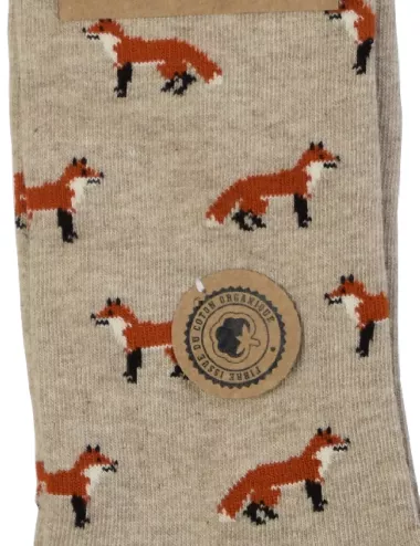 Chaussettes fantaisie – Coton bio - Motif renard – Beige