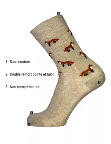 Chaussettes fantaisie – Coton bio - Motif renard – Beige