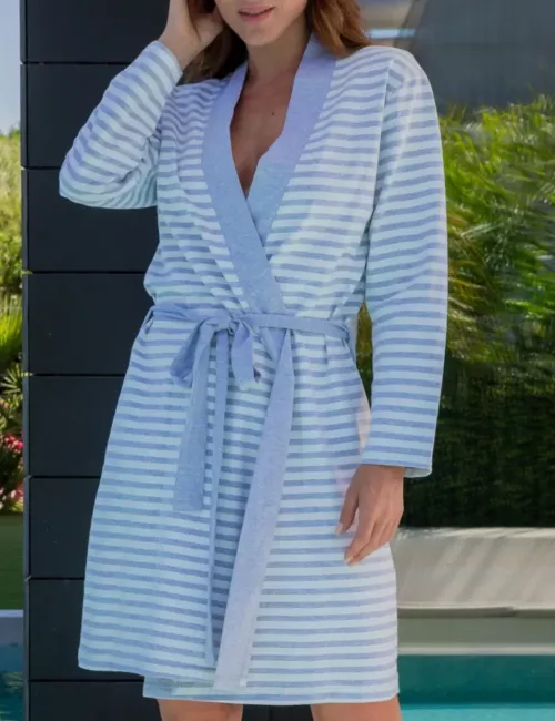 Robe de chambre croisée RAYE BLANC/GRIS