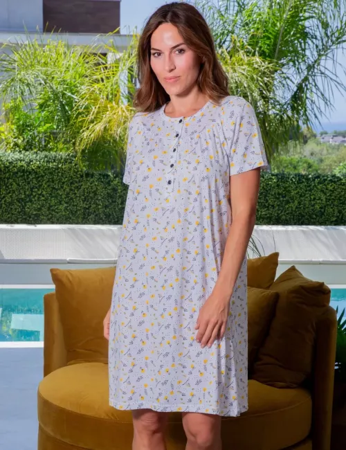 Chemise de nuit en coton - Motif fleurs jaunes