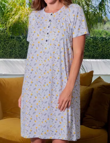 Chemise de nuit classique manches courtes coton - Liquette à motifs petites fleurs jaunes -femme - Chemise de nuit Muslher