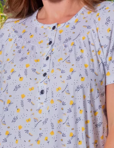 Chemise de nuit boutonnée - fond gris clair - Liquette à motifs petites fleurs jaunes - Chemise de nuit femme