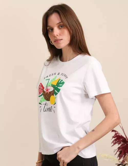 T-shirt Femme Blanc imprimé Estival "Fresh & Sunny"