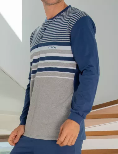 pyjama homme col rond - pyjama homme doux et chaud - pyjama homme pour nuits fraîches - Pyjama classique - Pyjama long papa