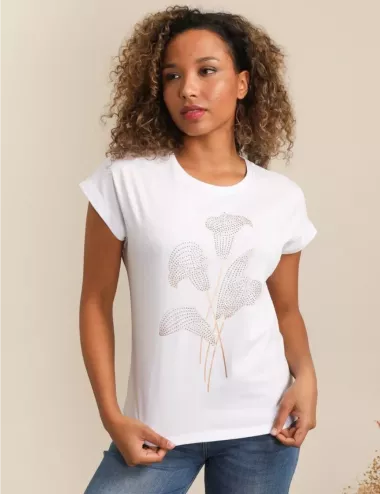 Tee-shirt blanc femme imprimé fleurs « Arôme » & strass