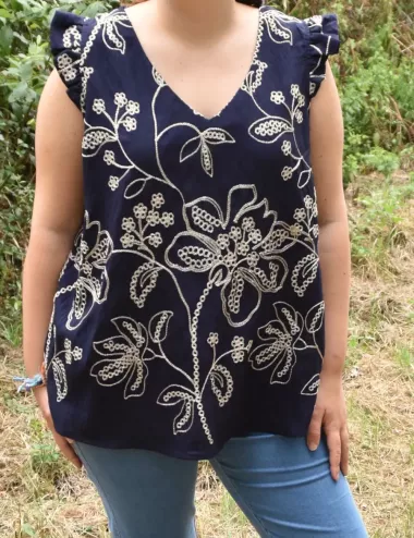 Haut femme sans manches bleu marine brodé fil doré
