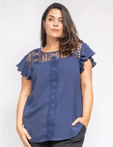 Blouse Marine Femme – Détails Dentelle & Manches Volantées