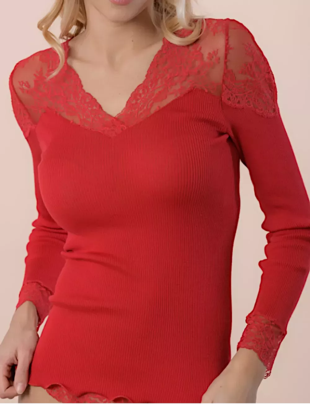 Top manches longues en laine & soie - ROUGE
