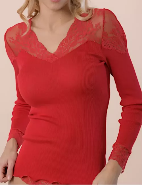 Top manches longues en laine & soie - ROUGE