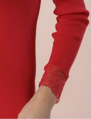 T shirt manches longues laine et soie - haut manches longues Moretta rouge - haut dentelle manches longues laine et soie