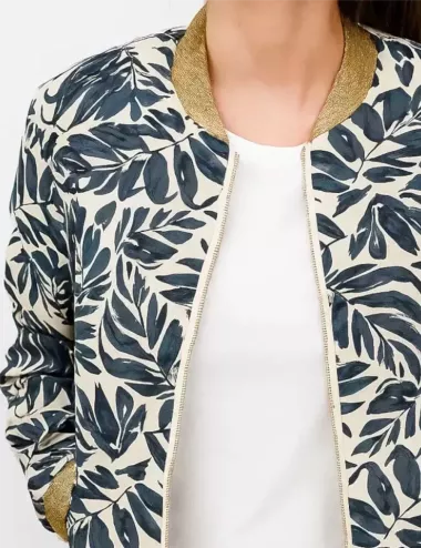 Bomber femme imprimé feuillage chic – col doré & détails brillants| Jack Lingerie