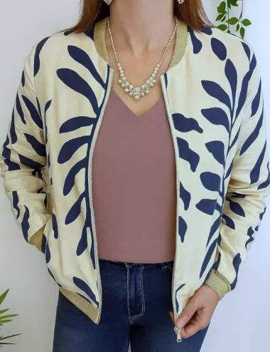 Bomber imprimé feuillage marine – Détails dorés chic