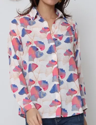 chemise femme chic et colorée - chemisier rose et bleu femme - blouse légère manches longues - chemisier pour bureau femme
